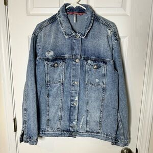 Free People Ramona Denim Trucker Distressed Jean Jacket - Medium Blue - Sz Small